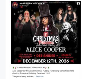 Alice Cooper: Dee Snider, Lzzy Hale, Joe Hottinger και John 5 στο φιλανθρωπικό «Christmas Pudding» 2026