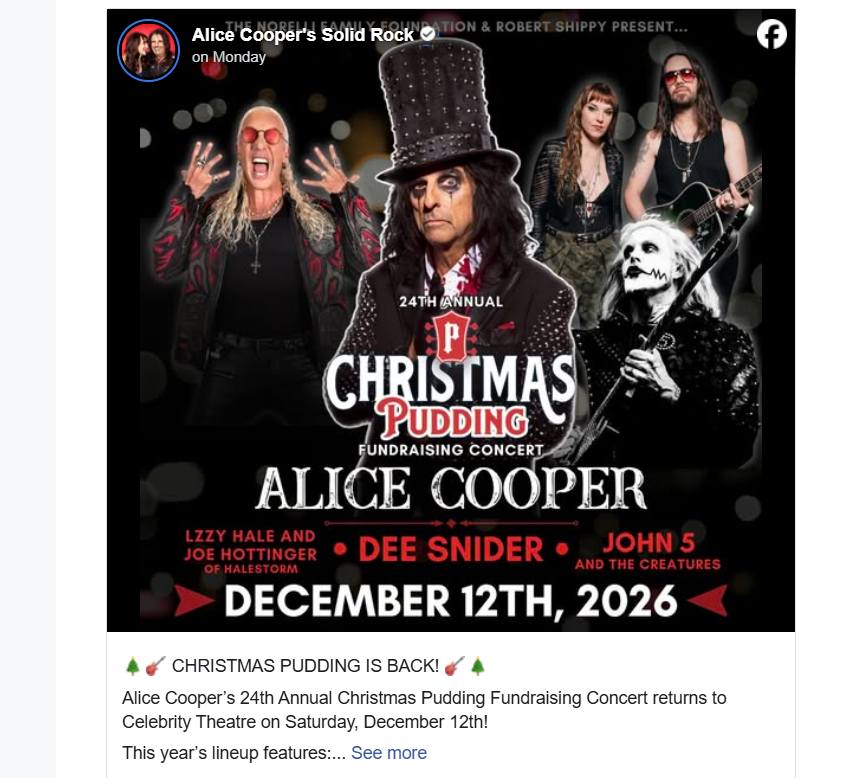 Alice Cooper: Dee Snider, Lzzy Hale, Joe Hottinger και John 5 στο φιλανθρωπικό «Christmas Pudding» 2026