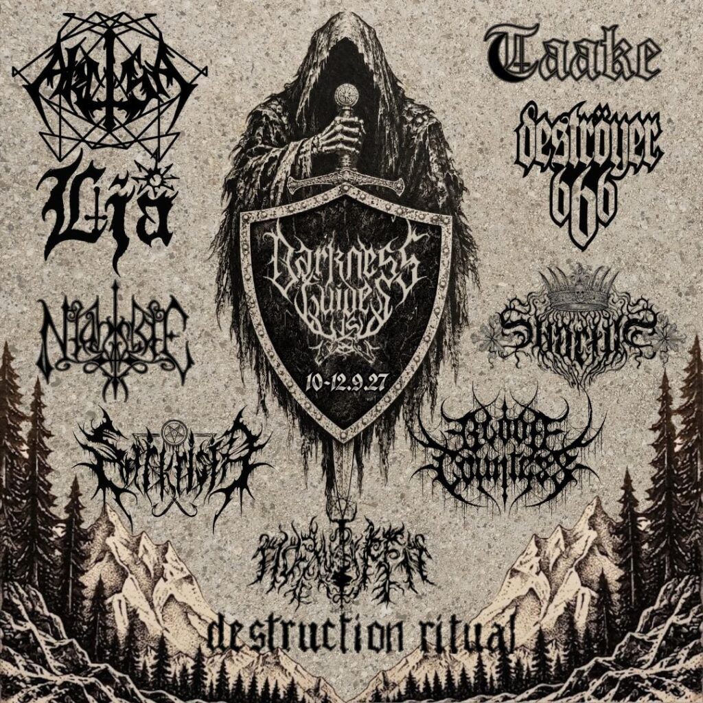 Αφίσα του Darkness Guides Us 2027 με τις δέκα πρώτες μπάντες του lineup