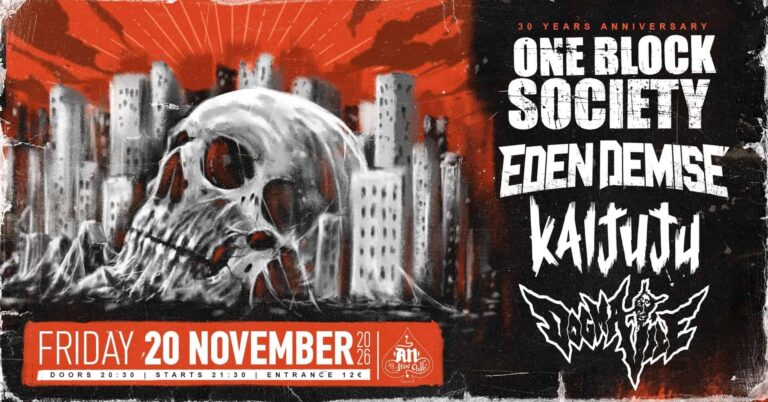 One Block Society, Eden Demise, Kaijuju και Dogma Vile — αφίσα συναυλίας στο AN Club, Αθήνα, 20 Νοεμβρίου 2026
